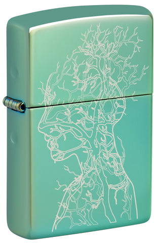 Front shot of ˫ Human Tree Design High Polish Green Windproof Lighter standing at a 3/4 angle.